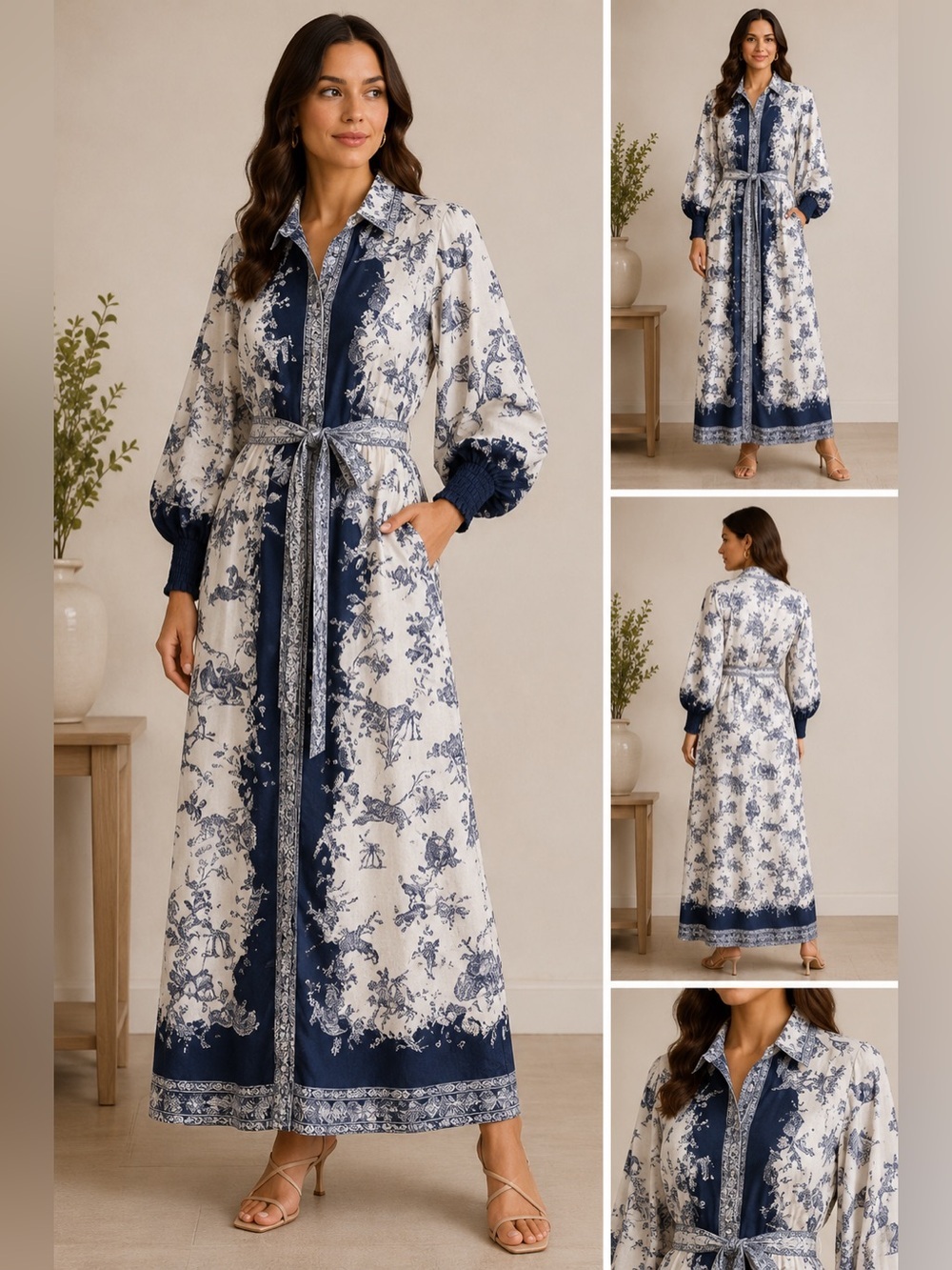 ALEMAIS Linen Toile Print Belted Maxi Dress Pockets Blue White US 12